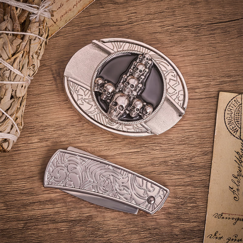 Cintura in pelle con fibbia a coltello pieghevole nascosto, teschio e croce di lusso, stile dark luxury fai-da-te. - image 10