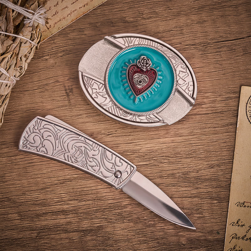 Cintura in pelle con fibbia a coltello pieghevole nascosto in smalto turchese Rose & Evil Eye - image 1