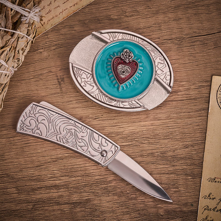 Cintura in pelle con fibbia a coltello pieghevole nascosto in smalto turchese Rose & Evil Eye - image 1