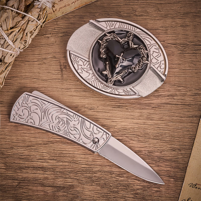 Cintura in pelle con fibbia a coltello pieghevole nascosto Dark Vow Black Heart - image 1