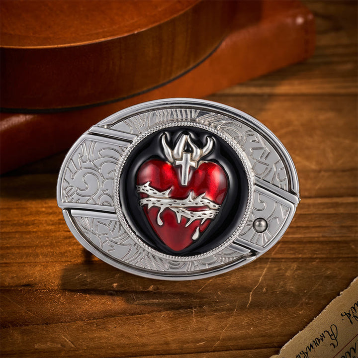 Cintura in pelle con fibbia a coltello pieghevole nascosto raffigurante il Sacro Cuore sanguinante con spine. - Cuore Sacro Sanguinante - Senza cintura - Cintura non inclusa - image 0