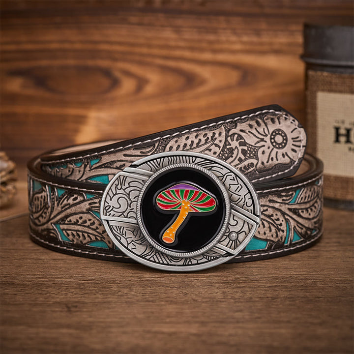 Cintura in pelle con fibbia a forma di coltello pieghevole nascosto a forma di fungo psichedelico arcobaleno. - Fungo Arcobaleno - Cintura grigia a fiori - 42 - image 8