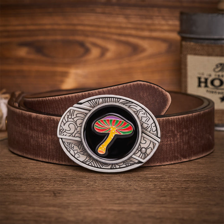 Cintura in pelle con fibbia a forma di coltello pieghevole nascosto a forma di fungo psichedelico arcobaleno. - Fungo Arcobaleno - Cintura marrone effetto invecchiato - 42 - image 5
