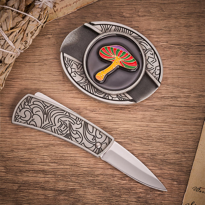 Cintura in pelle con fibbia a forma di coltello pieghevole nascosto a forma di fungo psichedelico arcobaleno. - image 1