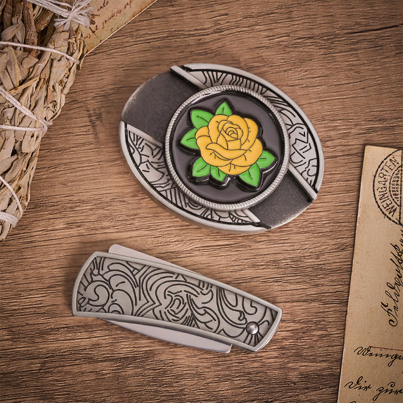 Cintura in pelle con fibbia a coltello pieghevole nascosto e rosa gialla dell'amicizia in stile western - image 9