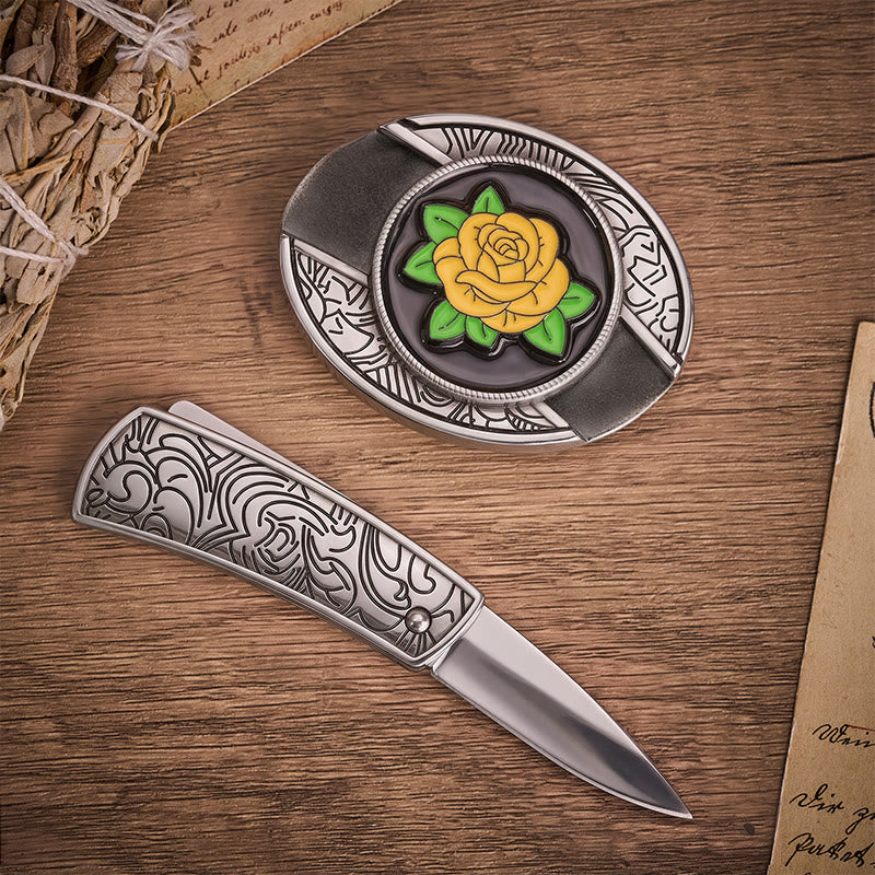 Cintura in pelle con fibbia a coltello pieghevole nascosto e rosa gialla dell'amicizia in stile western - image 1