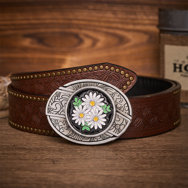 Cintura in pelle con fibbia a coltello pieghevole nascosto White Daisy Daydream - Margherita bianca - Cintura con rivetti marroni - 42 - image 4