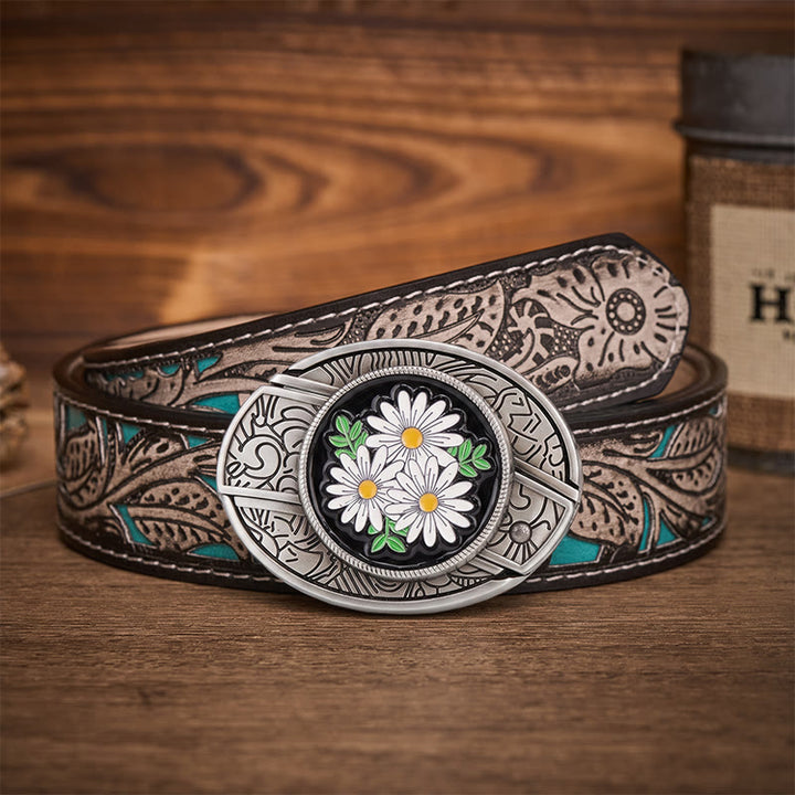 Cintura in pelle con fibbia a coltello pieghevole nascosto White Daisy Daydream - Margherita bianca - Cintura grigia a fiori - 42 - image 8