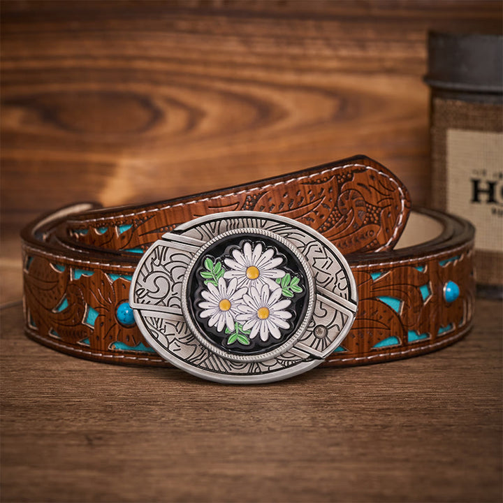Cintura in pelle con fibbia a coltello pieghevole nascosto White Daisy Daydream - Margherita bianca - Cintura turchese intagliata - 42 - image 3