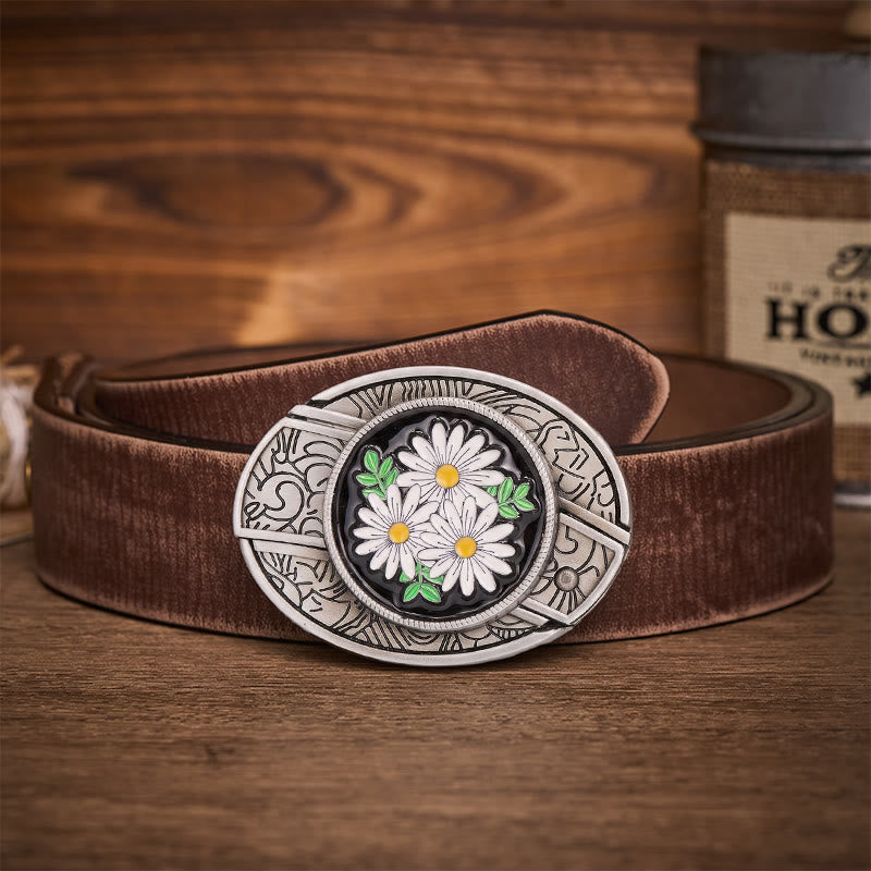 Cintura in pelle con fibbia a coltello pieghevole nascosto White Daisy Daydream - Margherita bianca - Cintura marrone effetto invecchiato - 42 - image 5