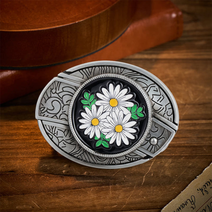 Cintura in pelle con fibbia a coltello pieghevole nascosto White Daisy Daydream - Margherita bianca - Senza cintura - Cintura non inclusa - image 0