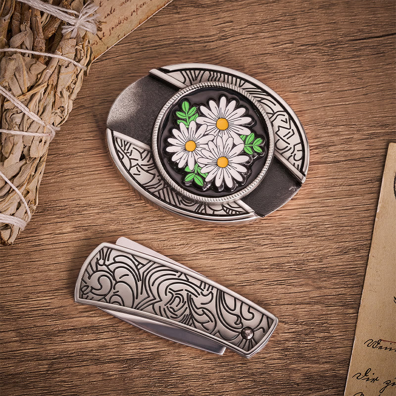Cintura in pelle con fibbia a coltello pieghevole nascosto White Daisy Daydream - image 10