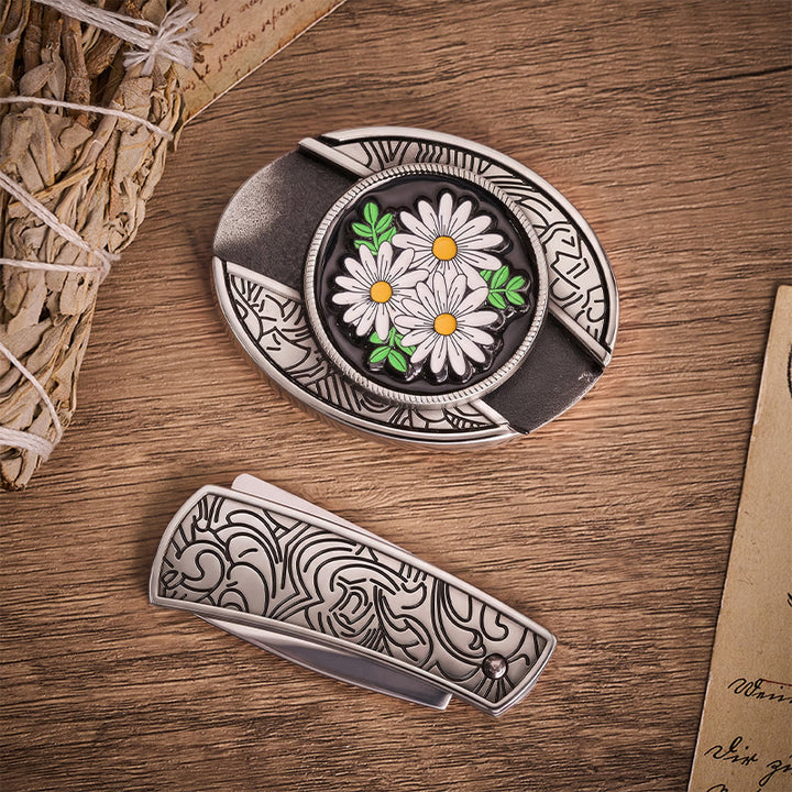 Cintura in pelle con fibbia a coltello pieghevole nascosto White Daisy Daydream - image 10