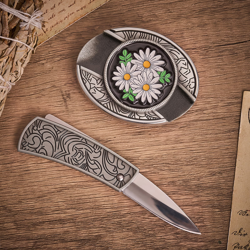 Cintura in pelle con fibbia a coltello pieghevole nascosto White Daisy Daydream - image 1