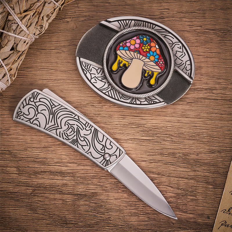 Cintura in pelle con fibbia a coltello pieghevole nascosta a forma di fungo psichedelico. - image 1