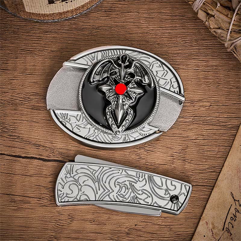 Cintura in pelle con fibbia a forma di coltello pieghevole nascosto a forma di drago gotico e pipistrello. - image 10