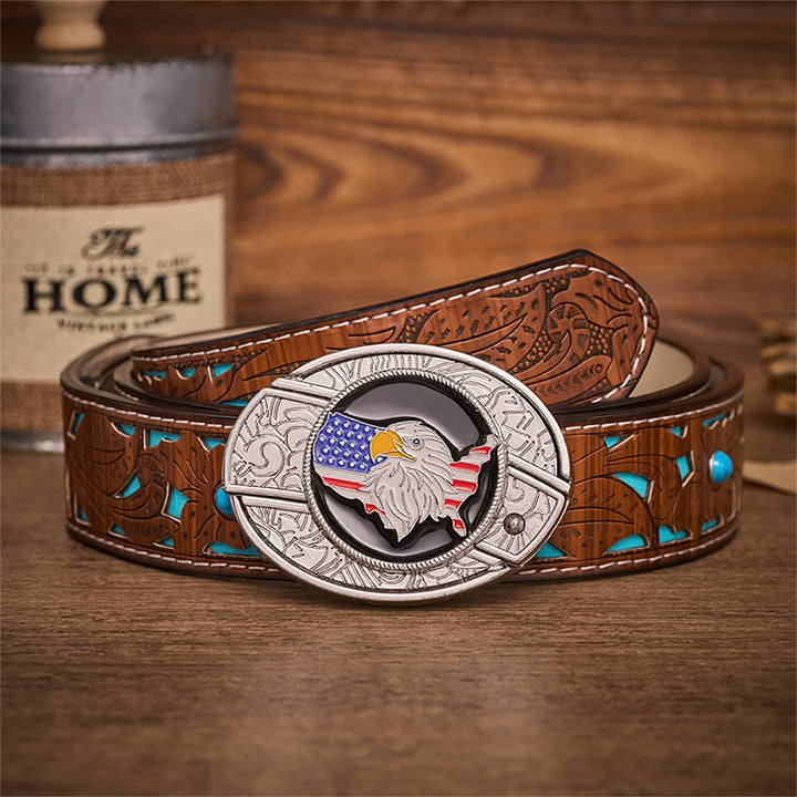 Cintura in pelle con fibbia a coltello pieghevole nascosto e bandiera americana Freedom Eagle. - Bandiera dell'aquila americana - Cintura turchese intagliata - 42 - image 3