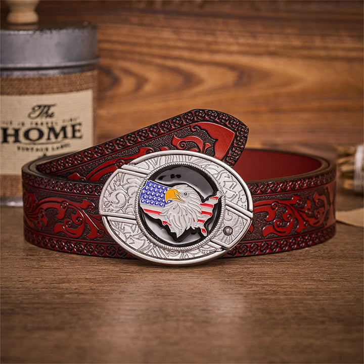 Cintura in pelle con fibbia a coltello pieghevole nascosto e bandiera americana Freedom Eagle. - Bandiera dell'aquila americana - Cintura intagliata marrone - 42 - image 6