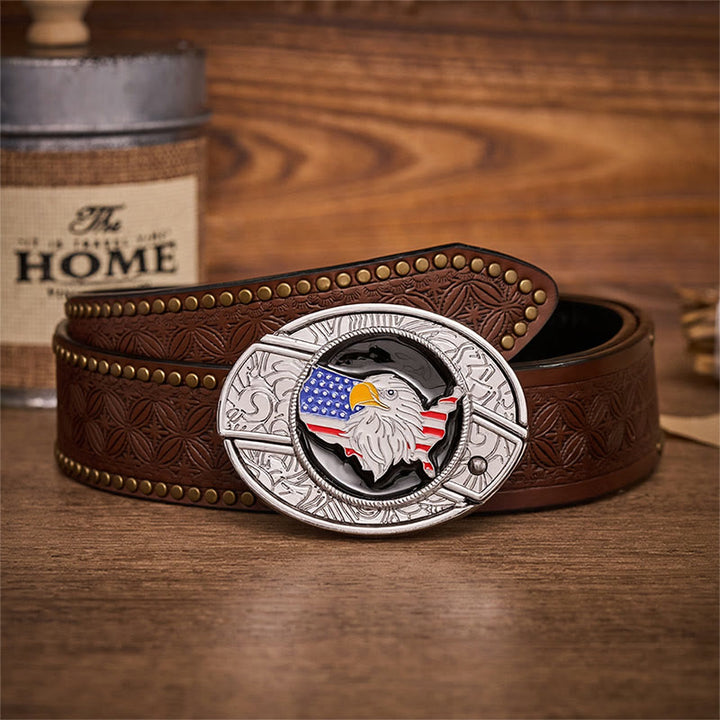 Cintura in pelle con fibbia a coltello pieghevole nascosto e bandiera americana Freedom Eagle. - Bandiera dell'aquila americana - Cintura con rivetti marroni - 42 - image 4