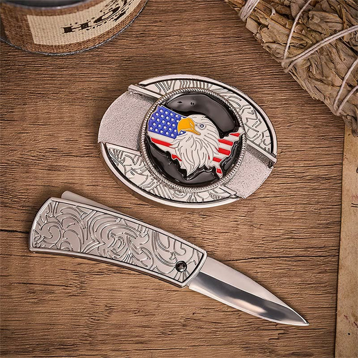Cintura in pelle con fibbia a coltello pieghevole nascosto e bandiera americana Freedom Eagle. - image 1