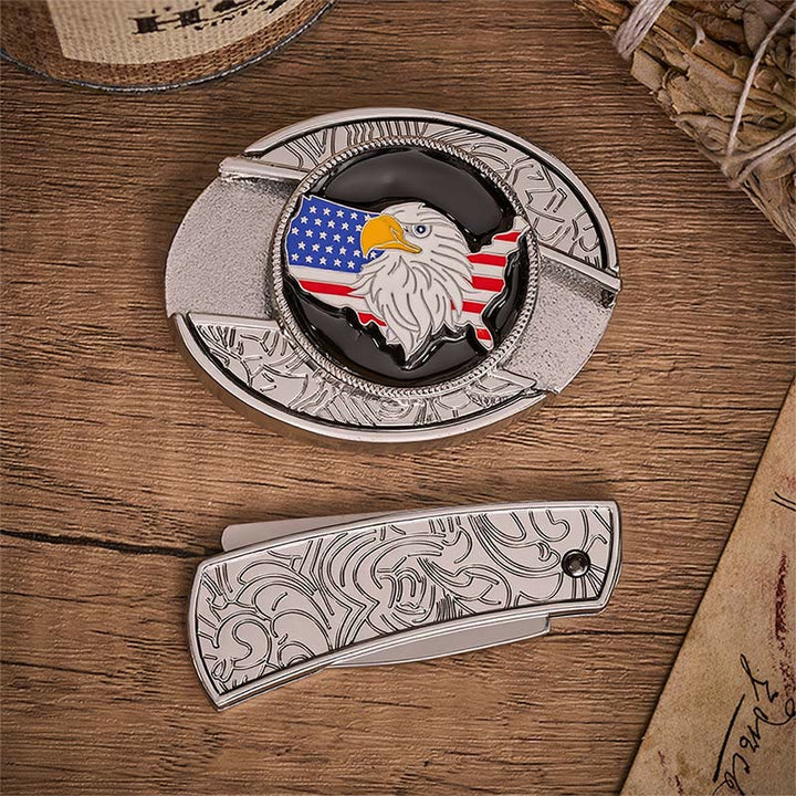 Cintura in pelle con fibbia a coltello pieghevole nascosto e bandiera americana Freedom Eagle. - image 10