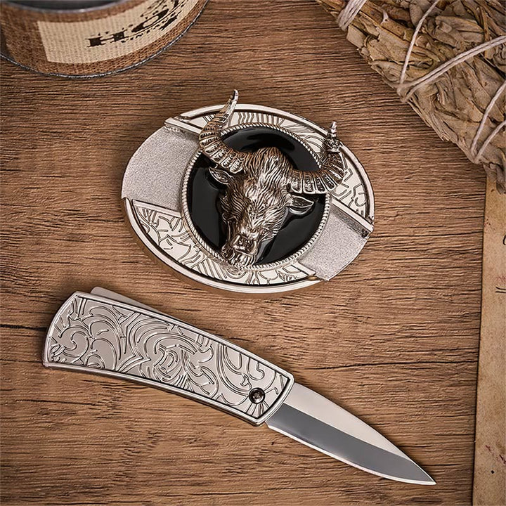 Cintura in pelle con fibbia a coltello pieghevole nascosto a forma di testa di toro Longhorn Legend. - image 1
