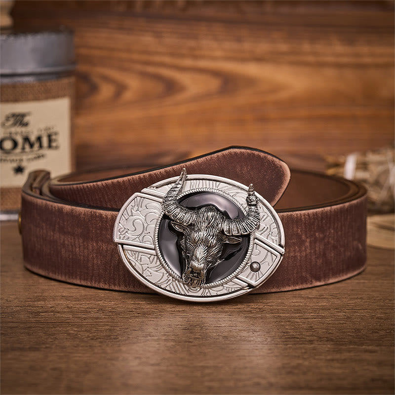 Cintura in pelle con fibbia a coltello pieghevole nascosto a forma di testa di toro Longhorn Legend. - Toro dalle lunghe corna - Cintura marrone effetto invecchiato - 42 - image 5