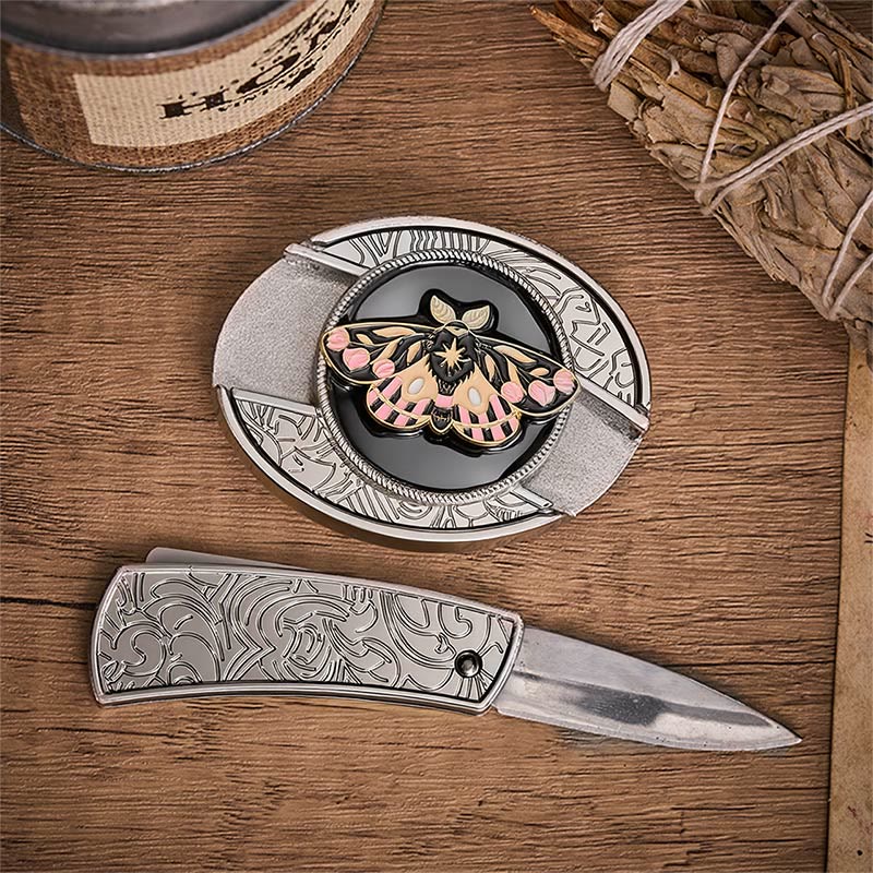 Cintura in pelle con fibbia a coltello pieghevole nascosto Mystic Moth rosa e oro - image 1
