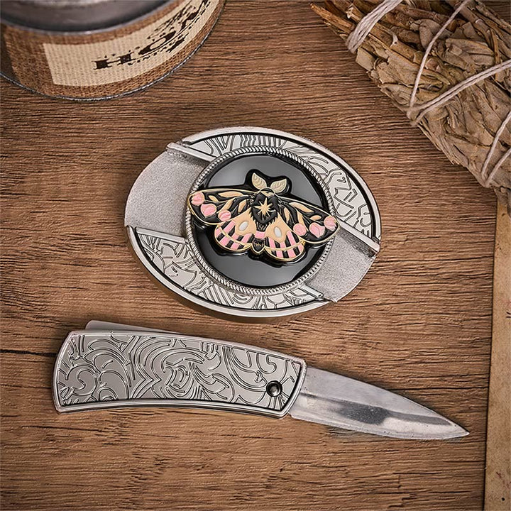 Cintura in pelle con fibbia a coltello pieghevole nascosto Mystic Moth rosa e oro - image 1