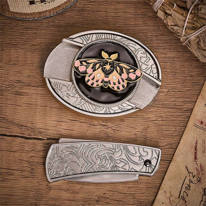 Cintura in pelle con fibbia a coltello pieghevole nascosto Mystic Moth rosa e oro - image 10