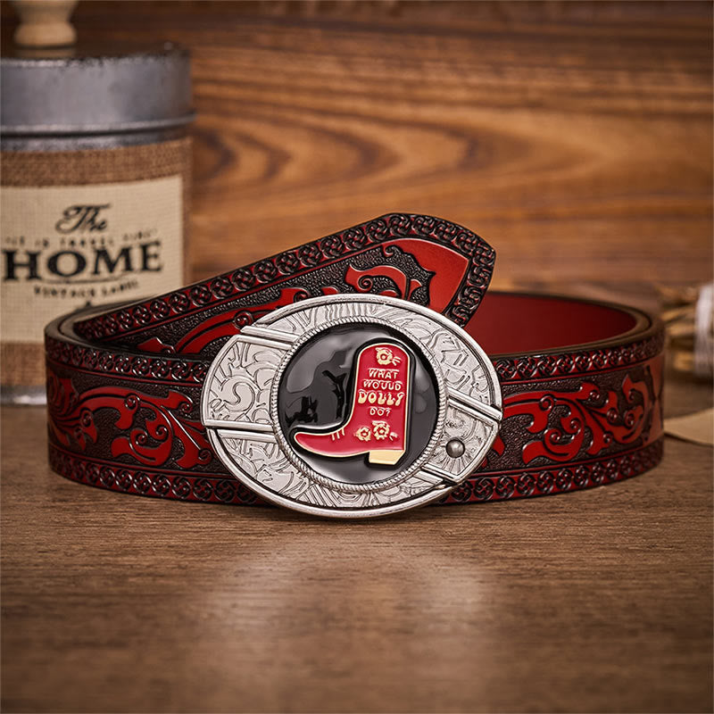 Cintura in pelle con fibbia a coltello pieghevole nascosto in uno stivale da cowboy rosso. - Stivale da cowboy rosso - Cintura intagliata marrone - 42 - image 6