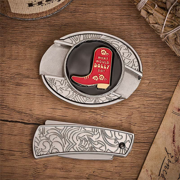 Cintura in pelle con fibbia a coltello pieghevole nascosto in uno stivale da cowboy rosso. - image 10