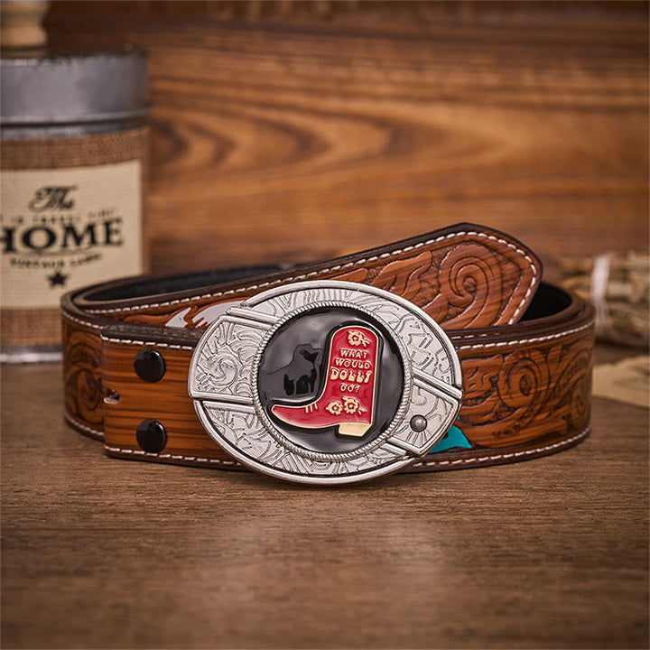 Cintura in pelle con fibbia a coltello pieghevole nascosto in uno stivale da cowboy rosso. - Stivale da cowboy rosso - Cintura di piume marroni - 40 - image 7