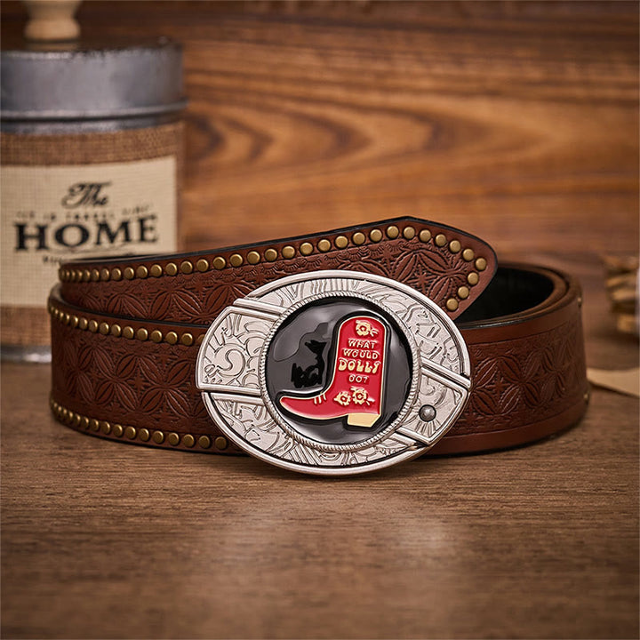 Cintura in pelle con fibbia a coltello pieghevole nascosto in uno stivale da cowboy rosso. - Stivale da cowboy rosso - Cintura con rivetti marroni - 42 - image 4