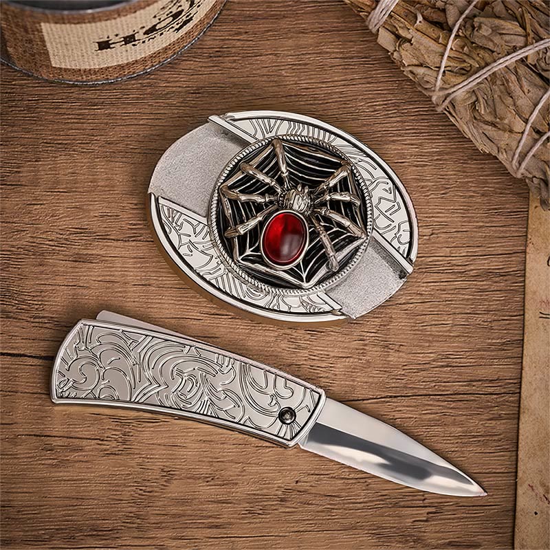 Cintura in pelle con fibbia a coltello pieghevole nascosto a forma di ragno gotico e ragnatela di sangue. - image 1