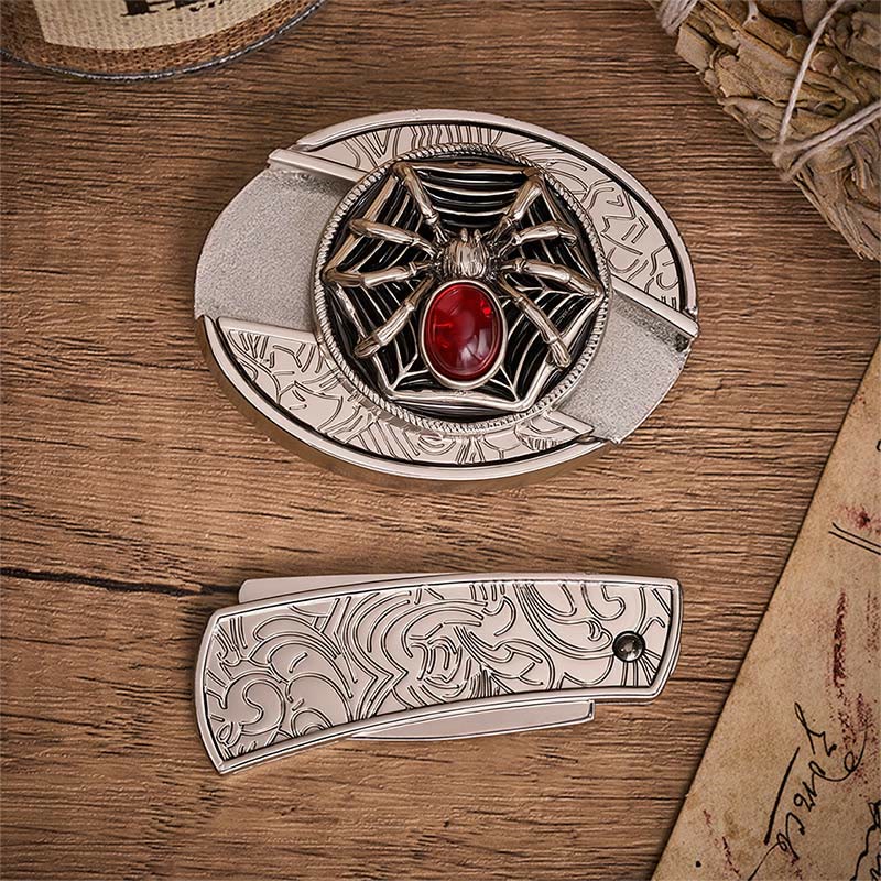 Cintura in pelle con fibbia a coltello pieghevole nascosto a forma di ragno gotico e ragnatela di sangue. - image 10