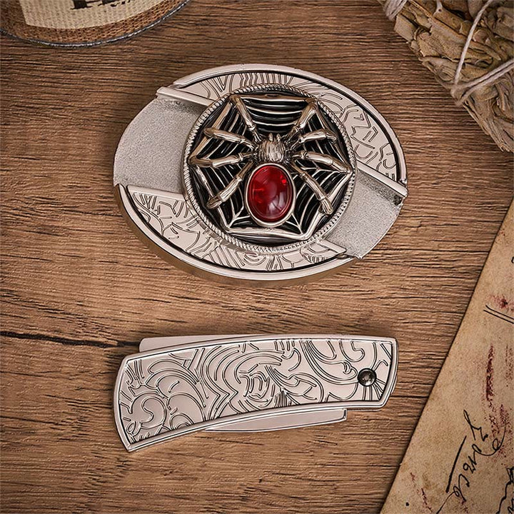 Cintura in pelle con fibbia a coltello pieghevole nascosto a forma di ragno gotico e ragnatela di sangue. - image 10