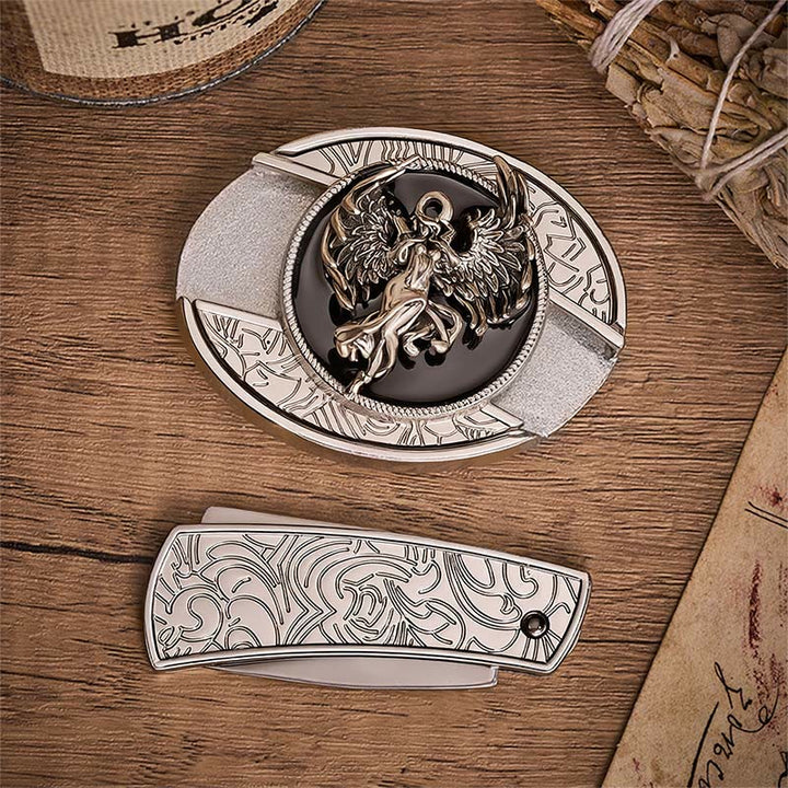 Cintura in pelle con fibbia a coltello pieghevole nascosto "Angelo della Protezione e della Fede". - image 9