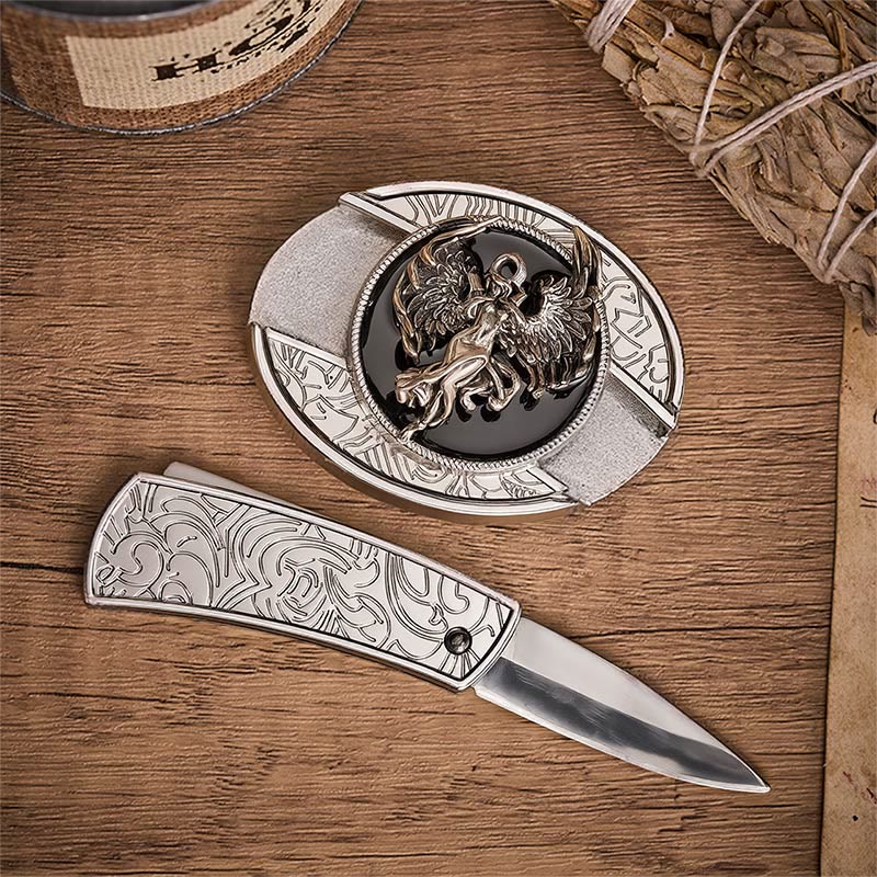 Cintura in pelle con fibbia a coltello pieghevole nascosto "Angelo della Protezione e della Fede". - image 1
