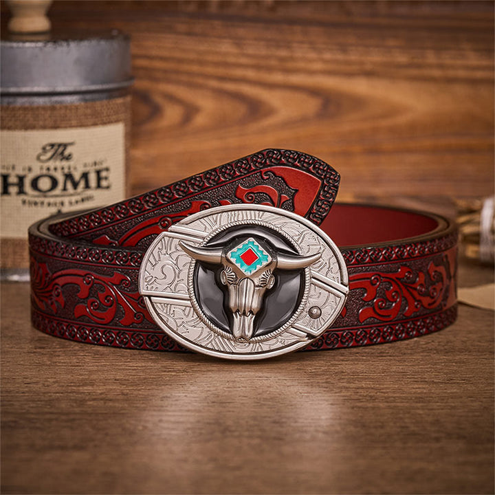 Cintura in pelle con fibbia a forma di teschio di toro azteco e coltello pieghevole nascosto, spirito del deserto. - Toro azteco - Cintura intagliata marrone - 42 - image 6