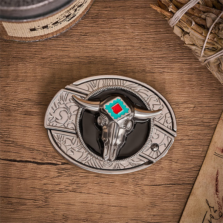 Cintura in pelle con fibbia a forma di teschio di toro azteco e coltello pieghevole nascosto, spirito del deserto. - image 9