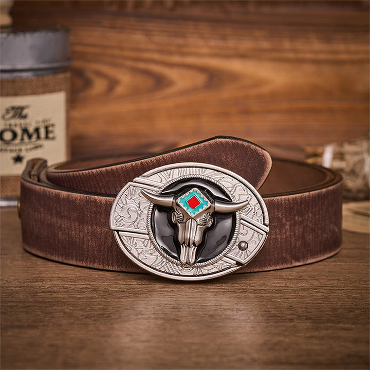 Cintura in pelle con fibbia a forma di teschio di toro azteco e coltello pieghevole nascosto, spirito del deserto. - Toro azteco - Cintura marrone effetto invecchiato - 42 - image 5