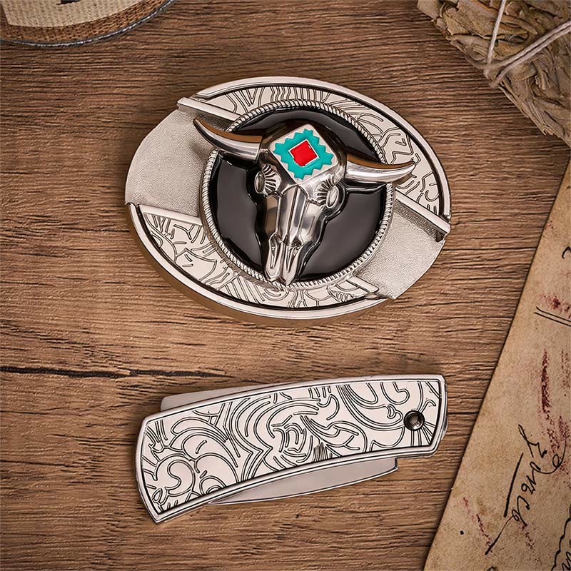Cintura in pelle con fibbia a forma di teschio di toro azteco e coltello pieghevole nascosto, spirito del deserto. - image 10