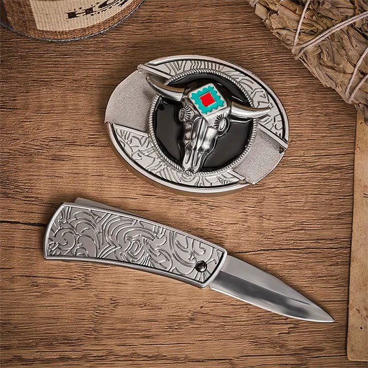 Cintura in pelle con fibbia a forma di teschio di toro azteco e coltello pieghevole nascosto, spirito del deserto. - image 1