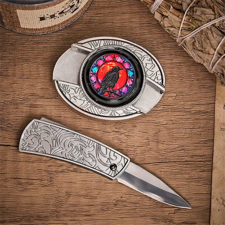 Cintura in pelle con fibbia a coltello pieghevole nascosto Midnight Raven Window. - image 1