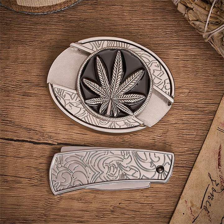 Cintura in pelle con fibbia a coltello pieghevole nascosto a forma di foglia del deserto in stile western. - image 10