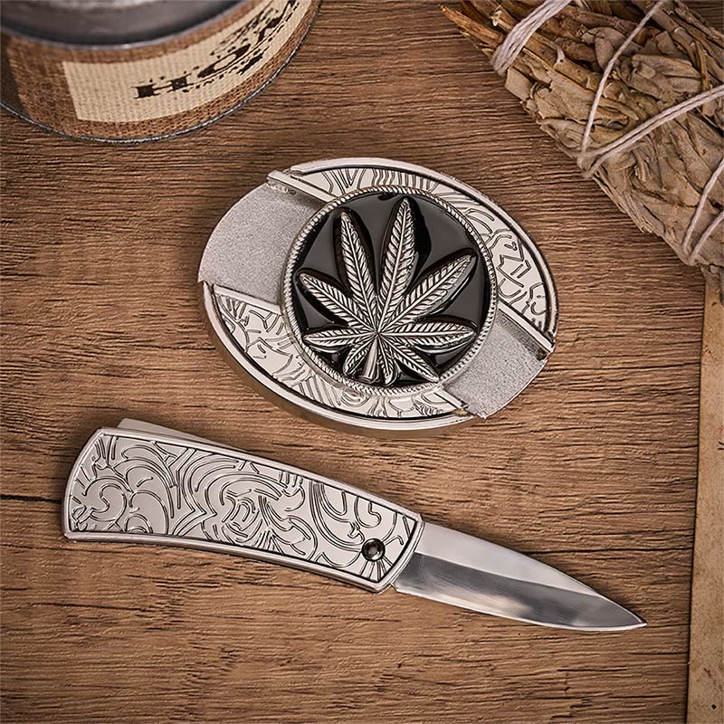 Cintura in pelle con fibbia a coltello pieghevole nascosto a forma di foglia del deserto in stile western. - image 1