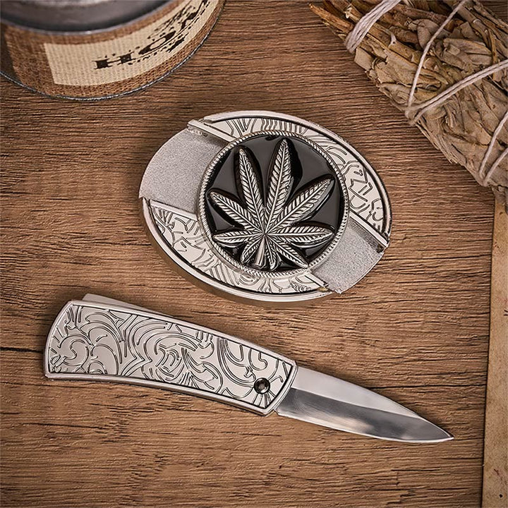 Cintura in pelle con fibbia a coltello pieghevole nascosto a forma di foglia del deserto in stile western. - image 1