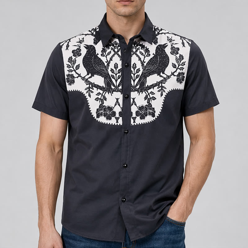 Camicia western da cowboy con inserti floreali neri e avorio, colore corvo e avorio. - image 1
