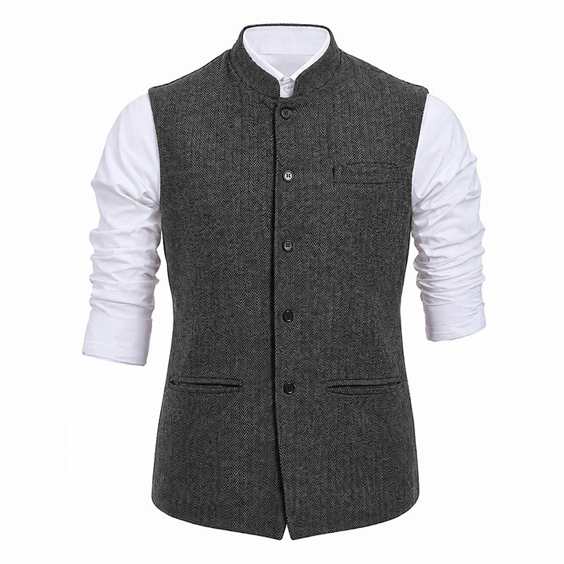Gilet da uomo in tweed a spina di pesce con colletto alla coreana - image 19